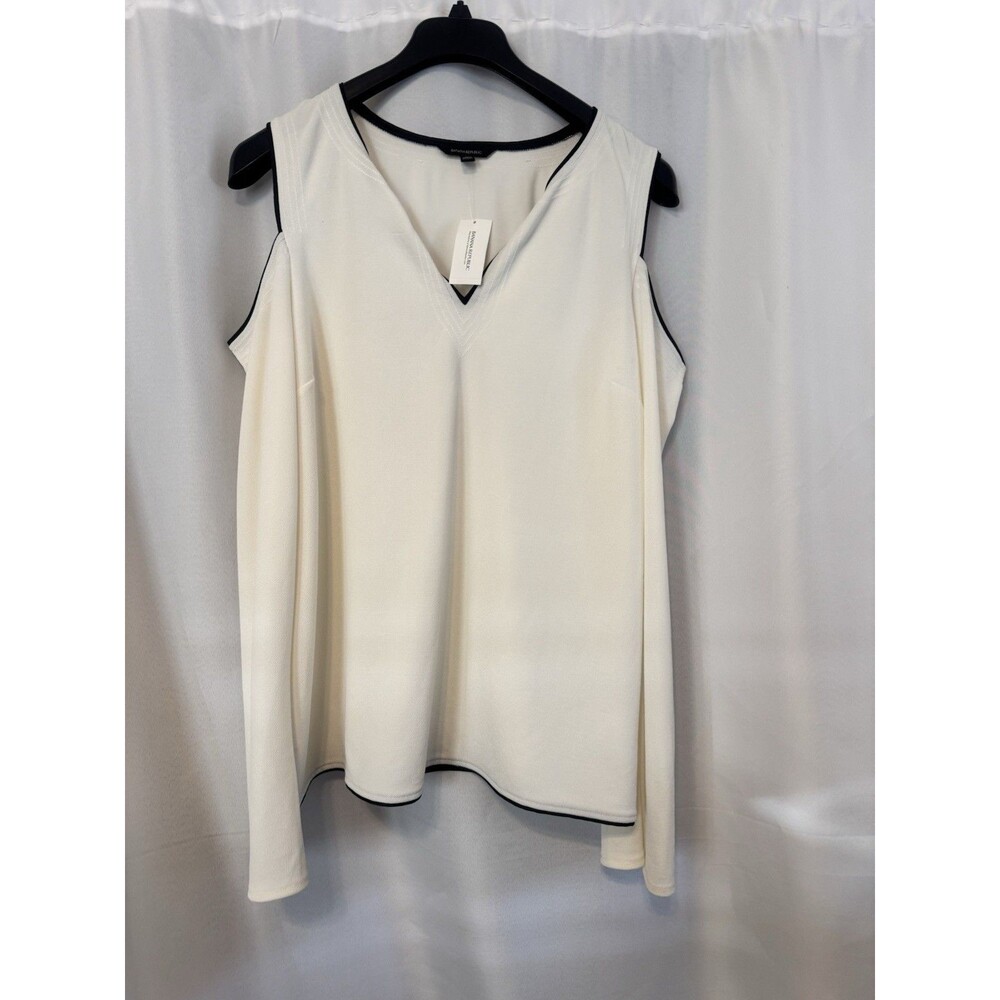 Banana Republic Cold Shoulder Knit Top XL Ivory Black Contrast Trim V-Neck - Picture 3 of 9